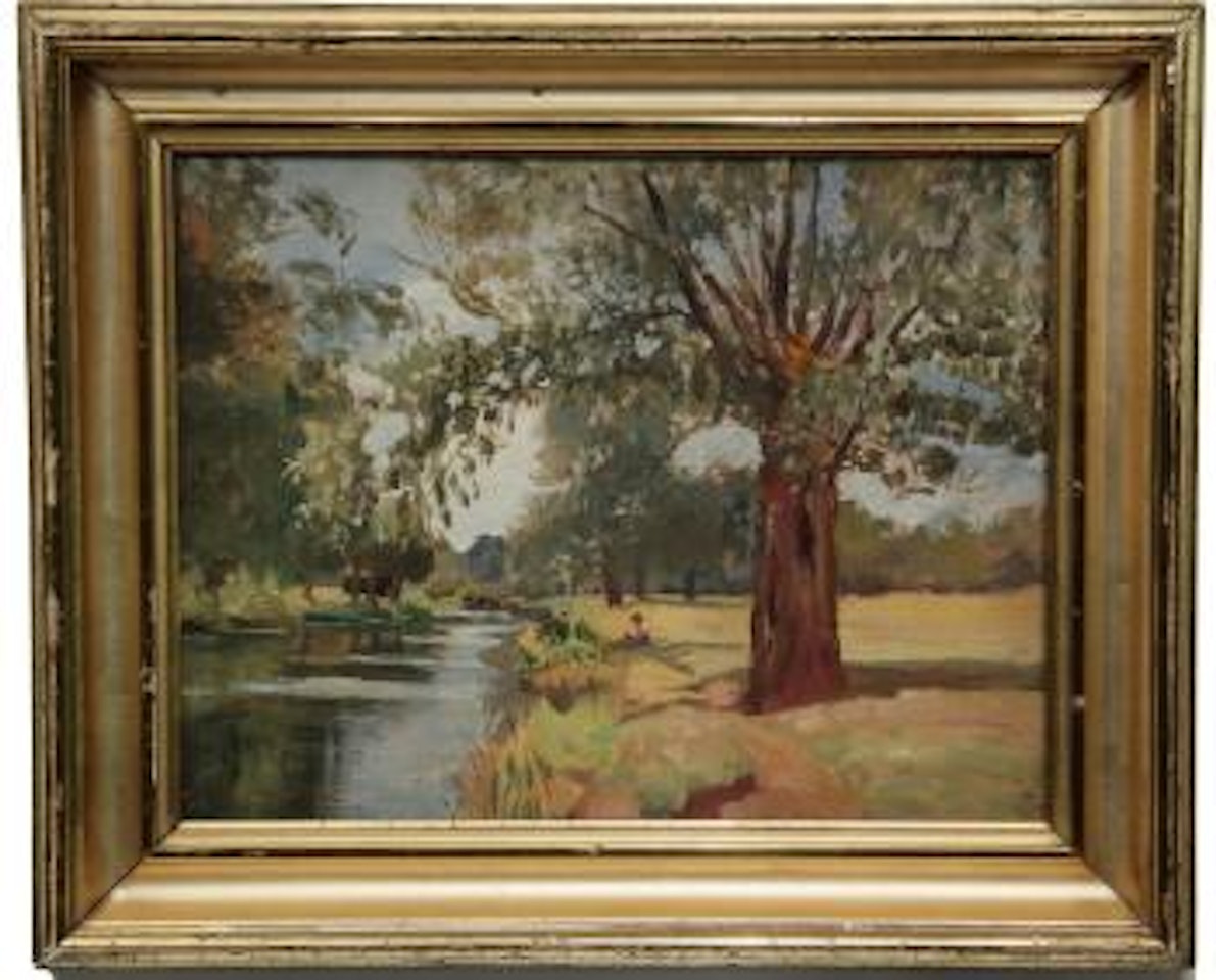 Seated figure reading by a stream by Edward Seago
