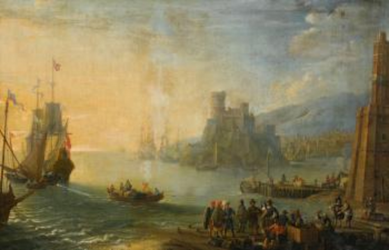 An extensive Port with Boats, figures on land, and a Fortified Castle by Flemish School