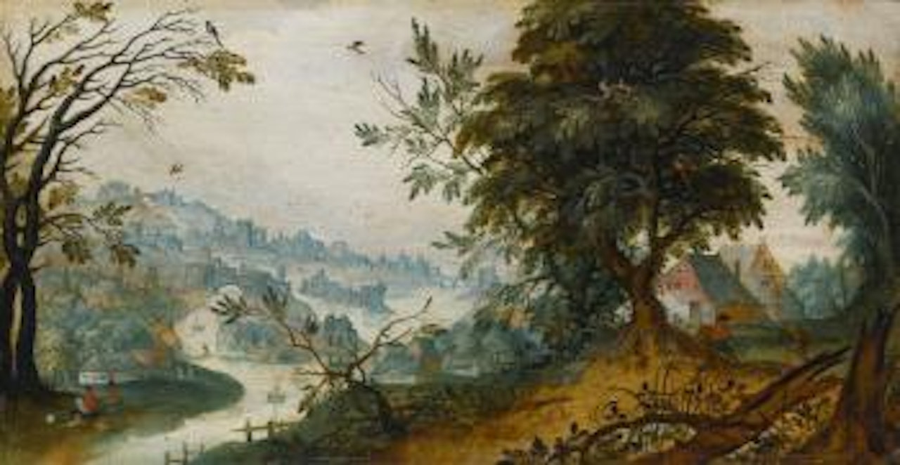 A wooded river landscape with gigures seated at left and walking towards a Village at right by Flemish School