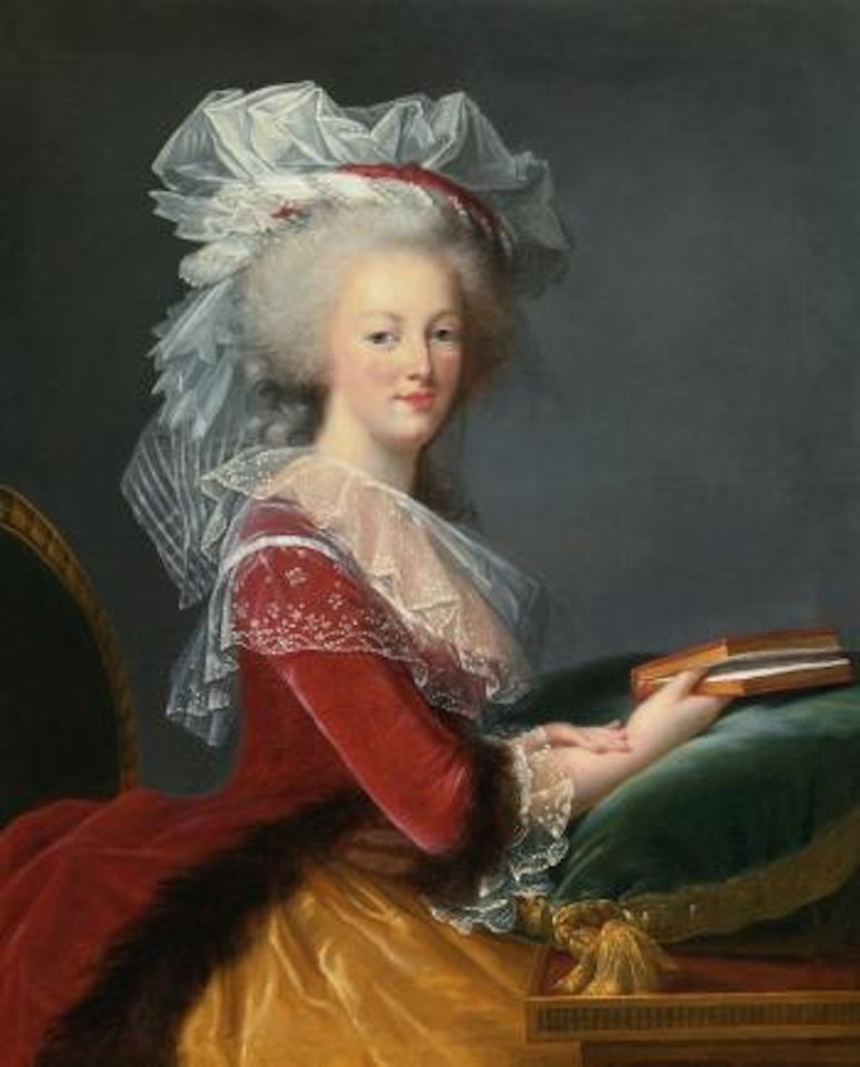 Portrait Of Queen Marie-Antoinette, half length, wearing an elaborate silk-gauze cap, seated at a desk with a book in hand by Marie Louise Elisabeth Vigee-Lebrun