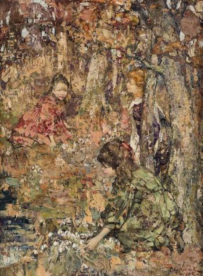 Three girls picking snow drops by Edward Atkinson Hornel