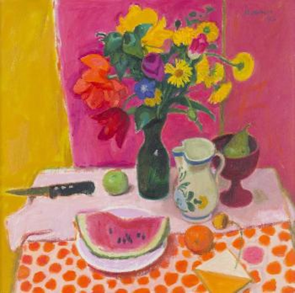 Still life with jar of flowers and Watermelon by Alberto Morrocco