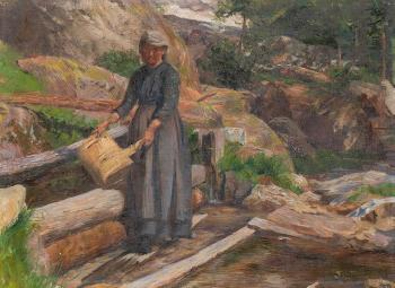 Bauersfrau am Brunnen, eine Milchbränte waschend by Giovanni Giacometti