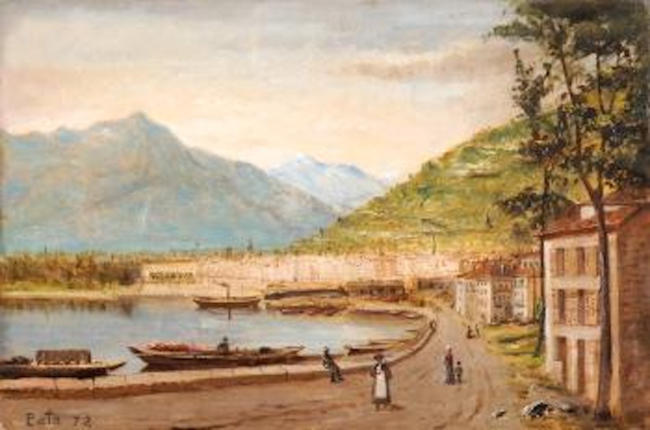 Stadt an Seeufer vor Gebirge by Cherubino Pata