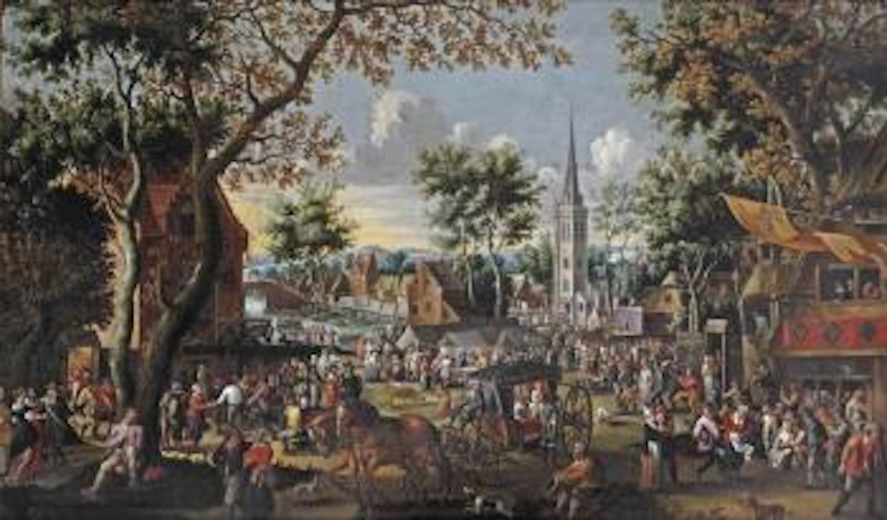A Kermesse; a view of a town with numerous figures partaking in festivities by Flemish School