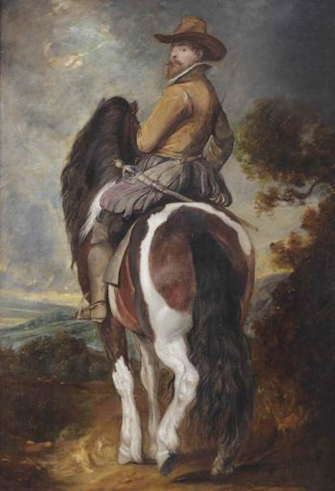 A cavalier wearing a broad brimmed hat, slashed riding breeches and a sword, on a piebald horse before a rolling landscape by Anthony van Dyck