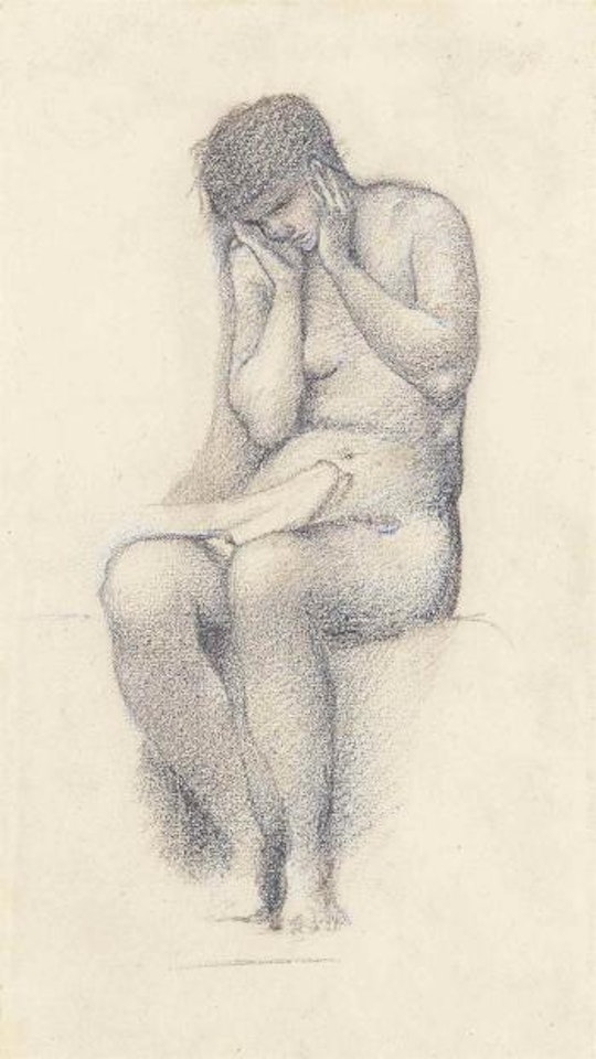 A seated female figure covering her ears for 'The sleep of king Arthur in Avalon' by Edward Coley Burne-Jones