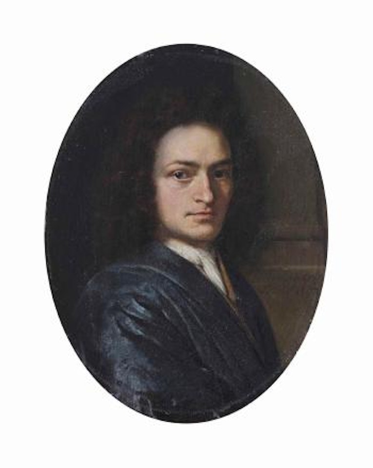 Portrait of a gentleman, bust-length, in a blue robe with a white cravat by Willem van Mieris