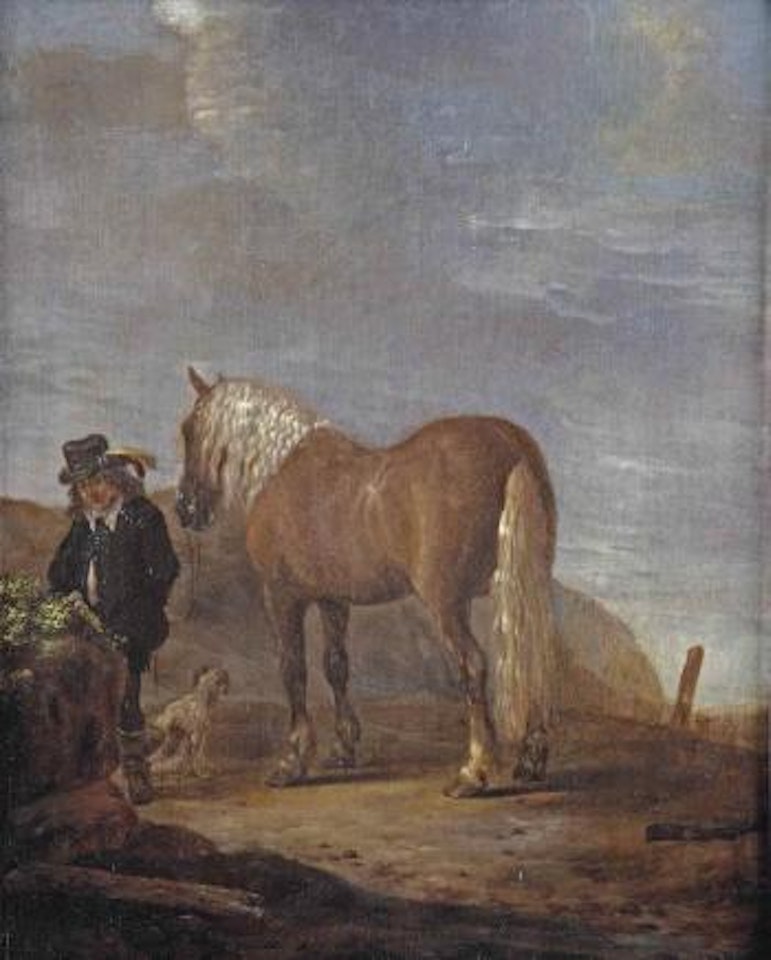 A horseman with his horse and a dog in a dune landscape by Pieter Cornelisz Verbeeck