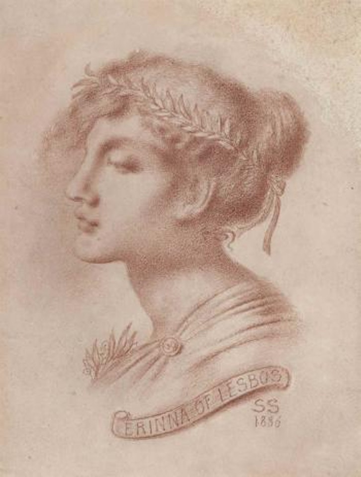 Erinna of Lesbos: Study of a female head with a wreath of leaves in her hair, in profile, facing right, bust-length by Simeon Solomon