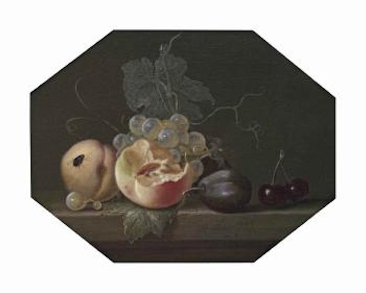 Peaches, grapes on the vine, black plums, cherries and a fly, all on a stone ledge by Willem van Aelst
