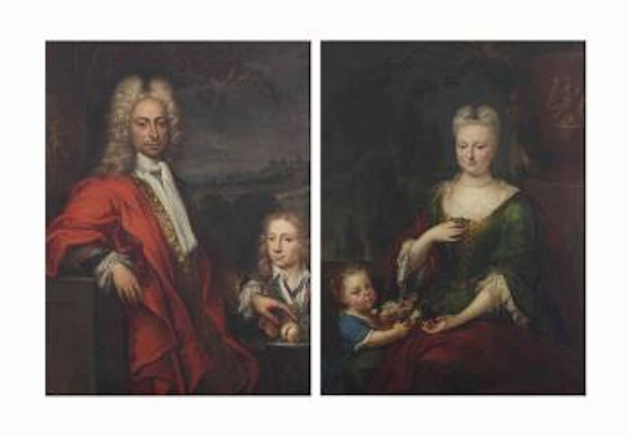 Portrait of a nobleman, three-quarter length, in a gold embroidered costume with a red cloak, standing with his son, holding a plate of fruit, before an Italianate landscape by Flemish School