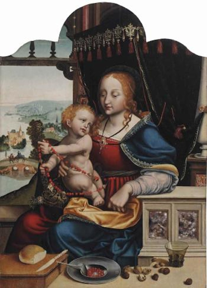 Madonna and Child with a rosary, seated before a landscape with The Flight to Egypt, a ledge with a roll of bread, a tin plate with strawberries, various nuts and a glass in the foreground by Joos van Cleve