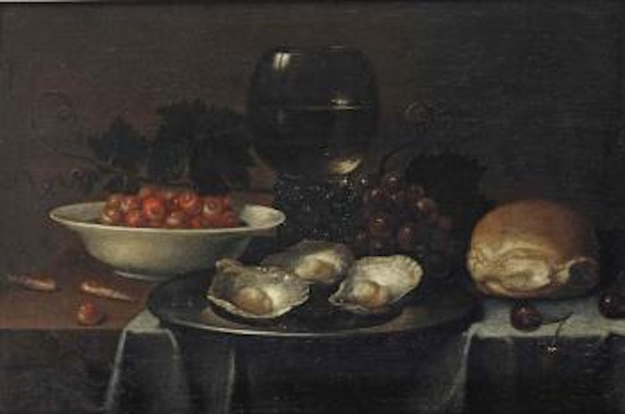A bowl with oysters, strawberries, grapes, cherries, a bread roll, two shrimps and a Roemer, all on a partially draped table by Dutch School