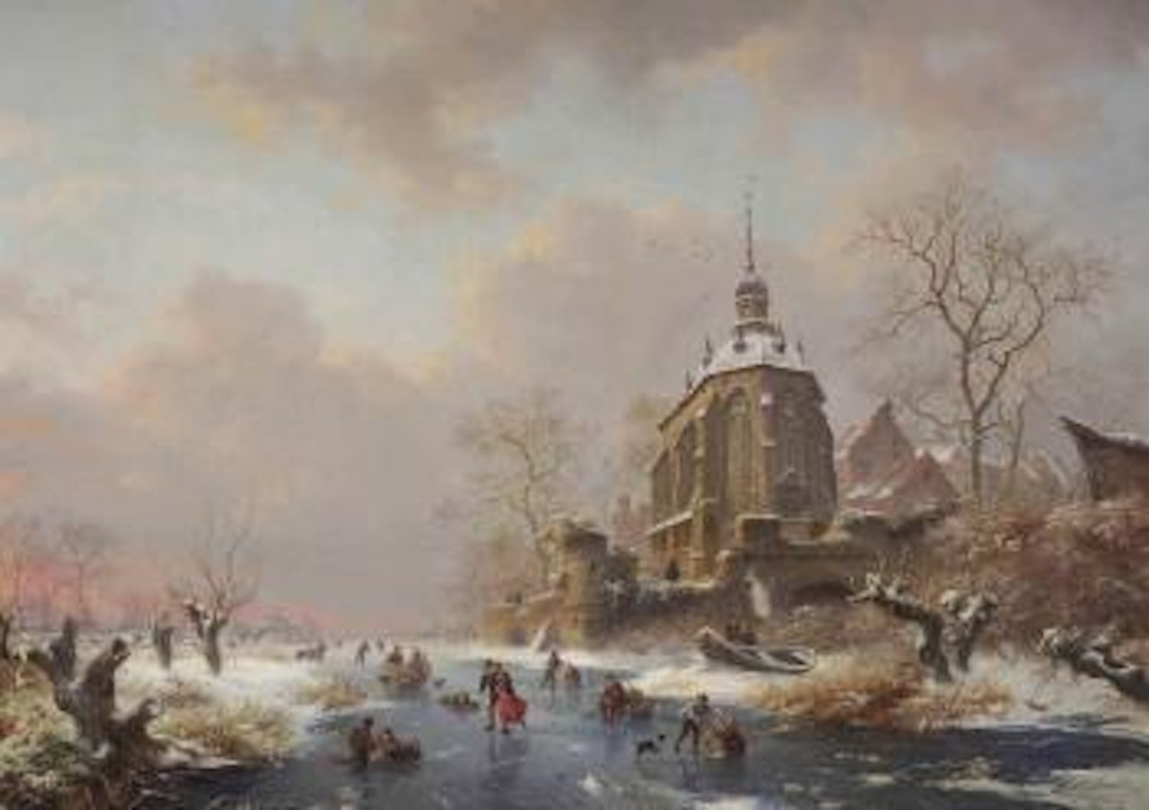 Winterfun on the ice near a castle by Fredrik Marinus Kruseman