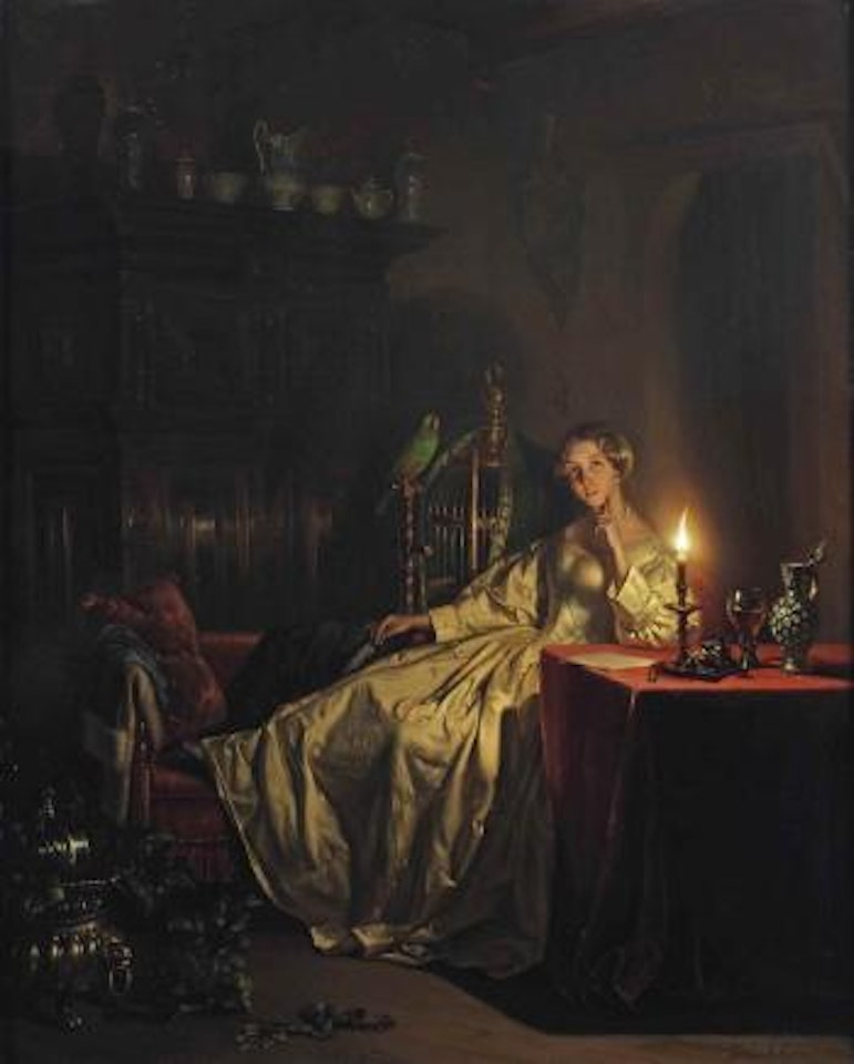 An interior with an elegant lady in a white satin gown and a parrot by Petrus van Schendel