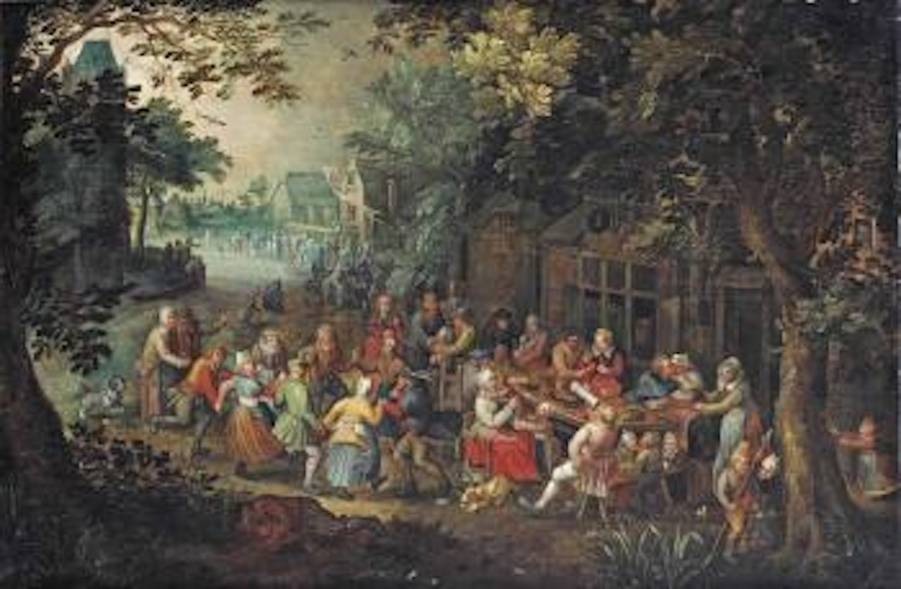 A Kermesse with peasants dancing, drinking and eating in a village