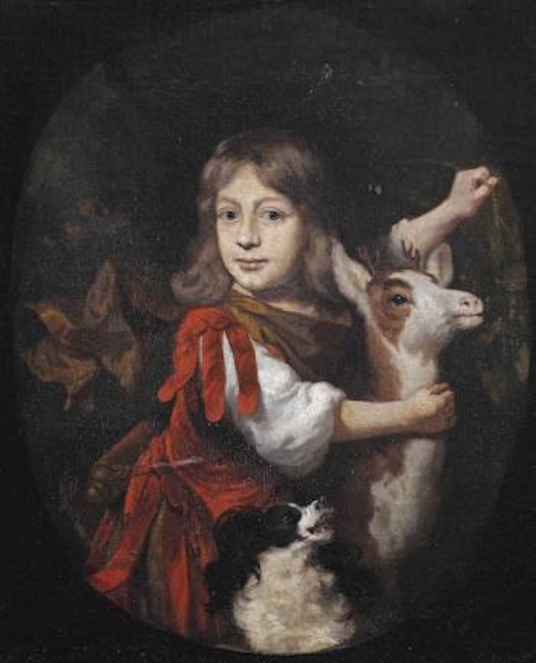 A young boy in a fanciful classical costume with a faun and a spaniel, in a painted oval by Nicolaes Maes