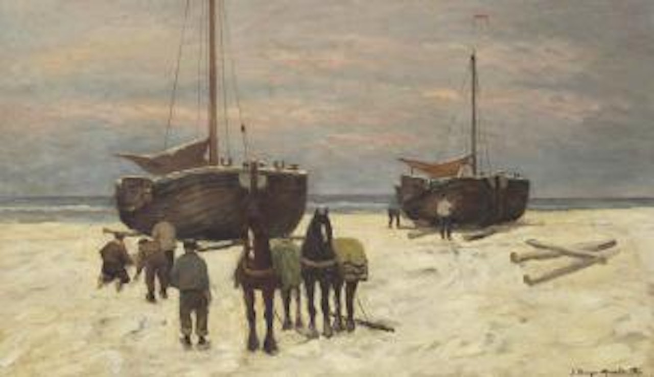 Bomschuiten and horses on the beach by Gerhard Arij Ludwig Morgenstjerne Munthe