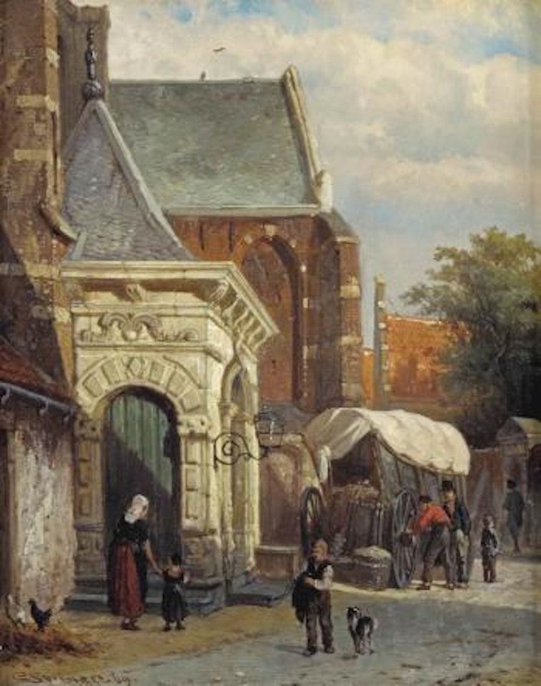 Une porte de l' Eglise occidentale a Enkhuijzen: a view of the South entrance of the St. Pancras Church, Enkhuizen by Cornelis Springer