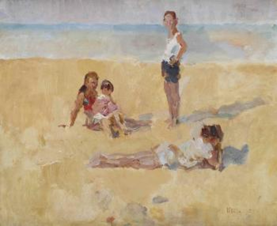 A family on the beach by Isaac Israels