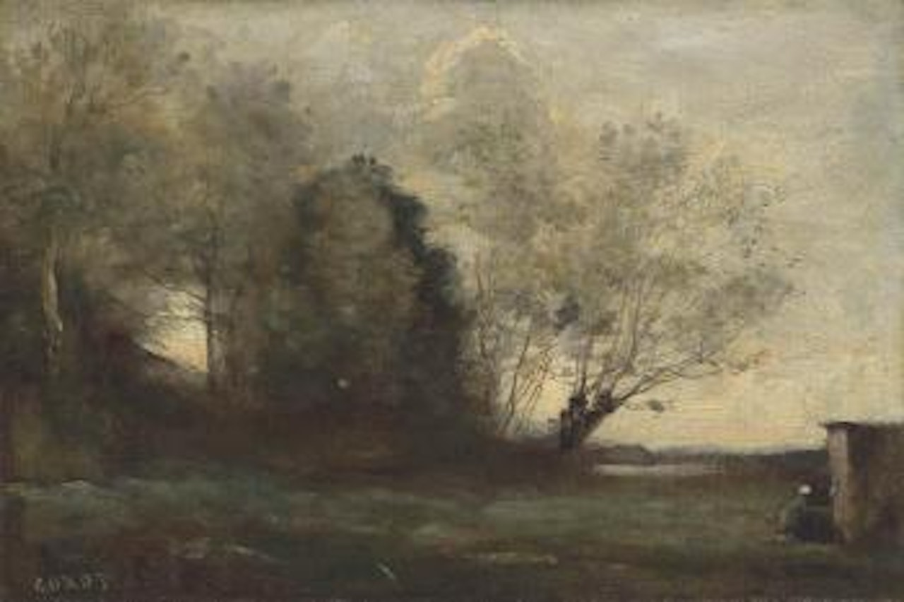 Paysanne filant près d'une cabane by Jean Baptiste Camille Corot