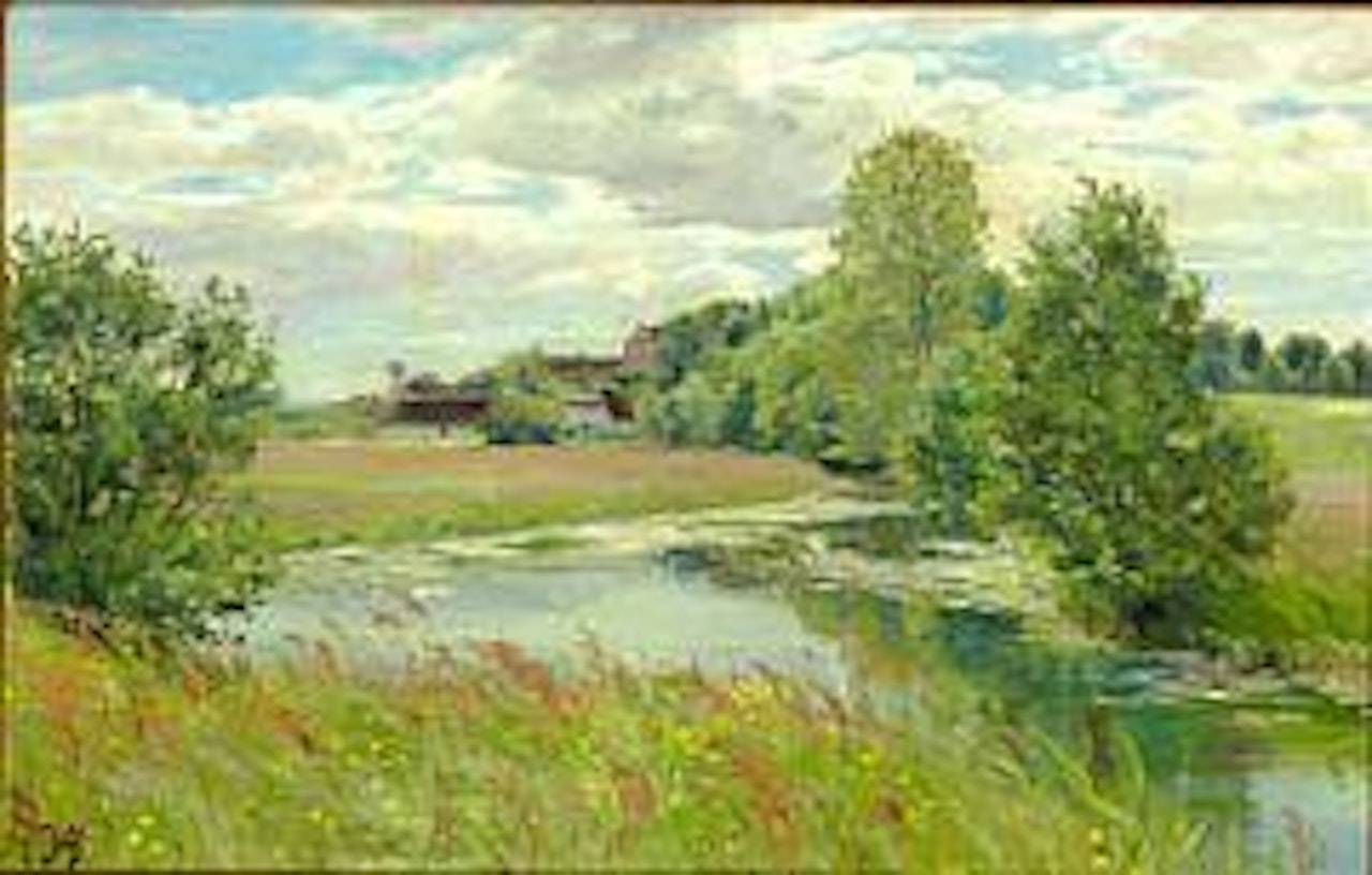 Summer day near Odense River with Dalum monastery in the background by Hans Andersen Brendekilde