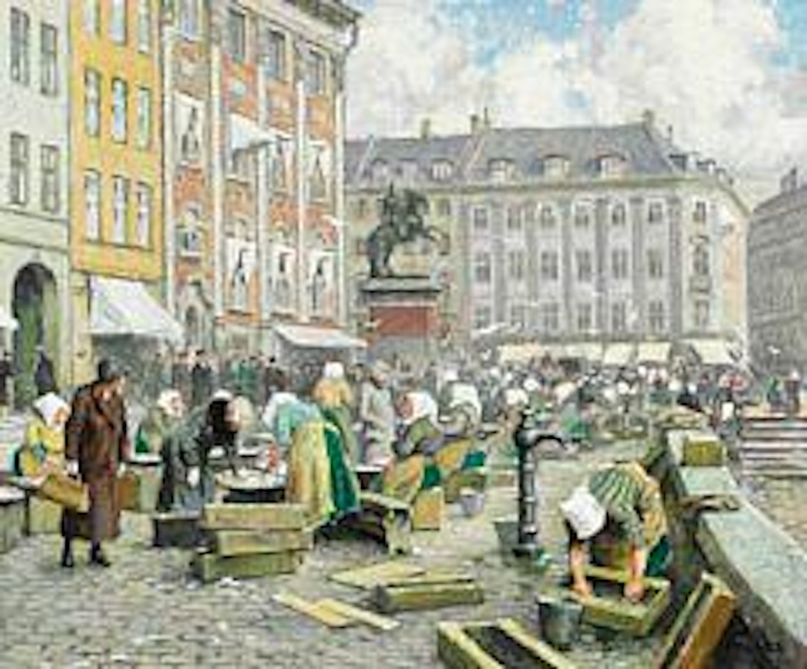 Market scene from Gl.  Strand with fishwifes.  In the background the equestrian statue of bishop Absalon by Paul Fischer