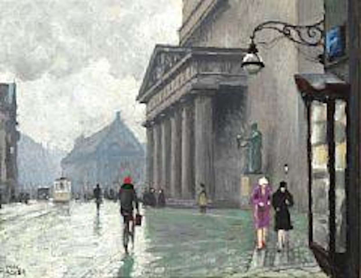 Scene from Nørregade with two elegant ladies promenading by Vor Frue Kirke (The Cathedral) by Paul Fischer