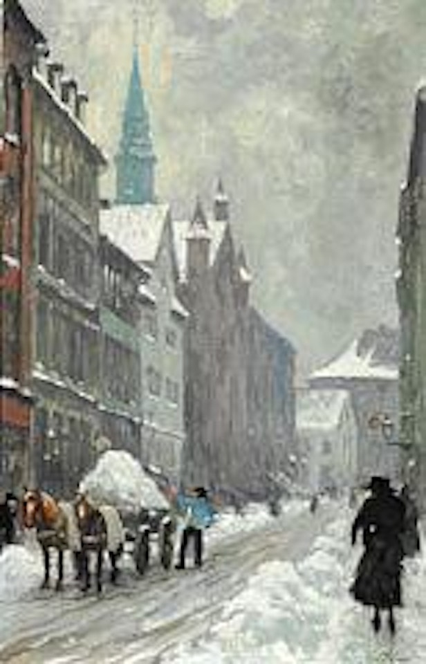 A winter day in Krystalgade.  The church tower of St.  Petri in the background by Paul Fischer
