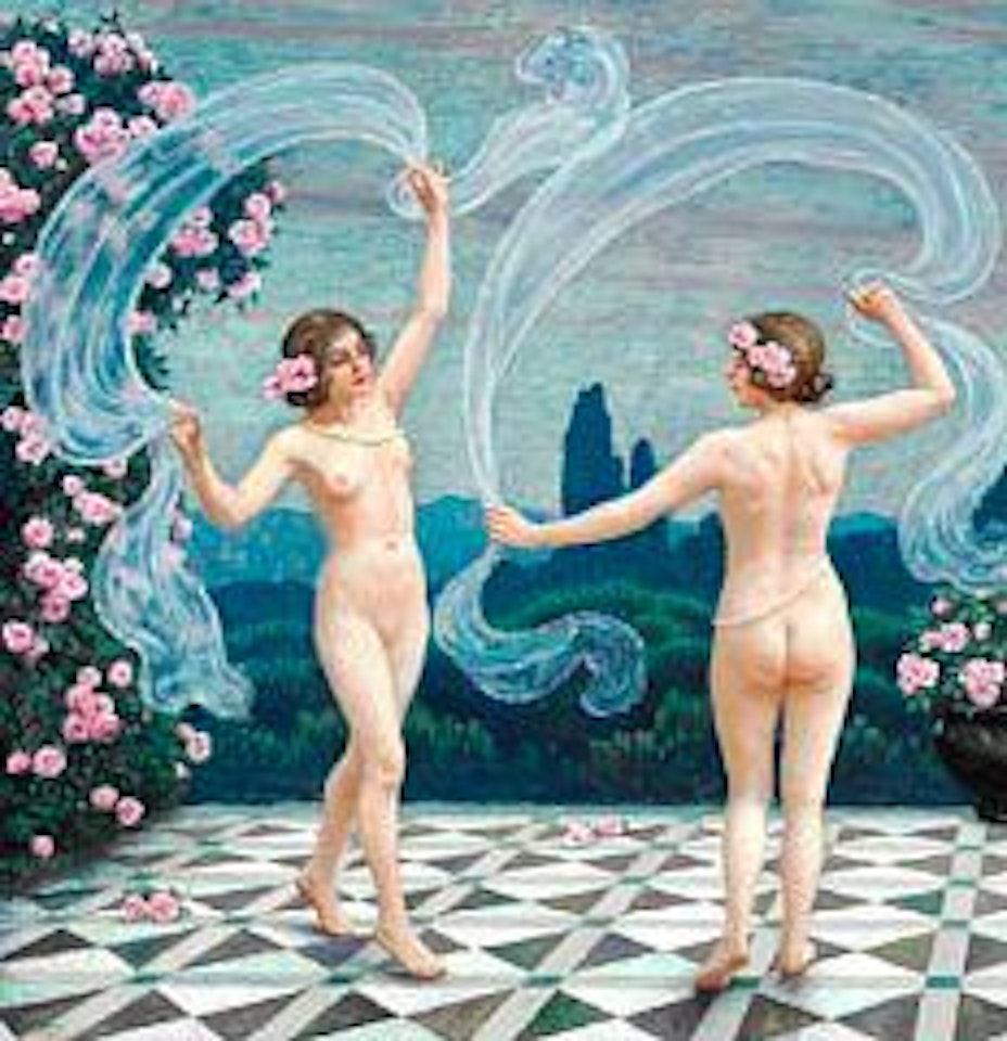 Two young girls dancing veil dance by Paul Fischer