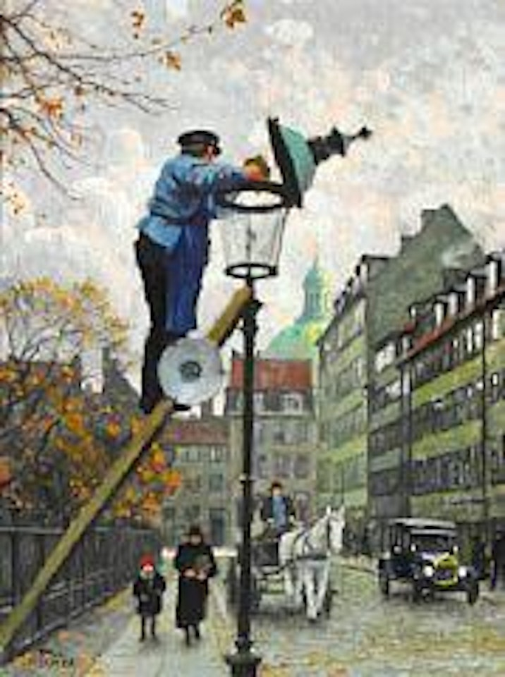Lamplighter.  Scene from Frederiksstaden with the dome of Marmorkirken in the background by Paul Fischer
