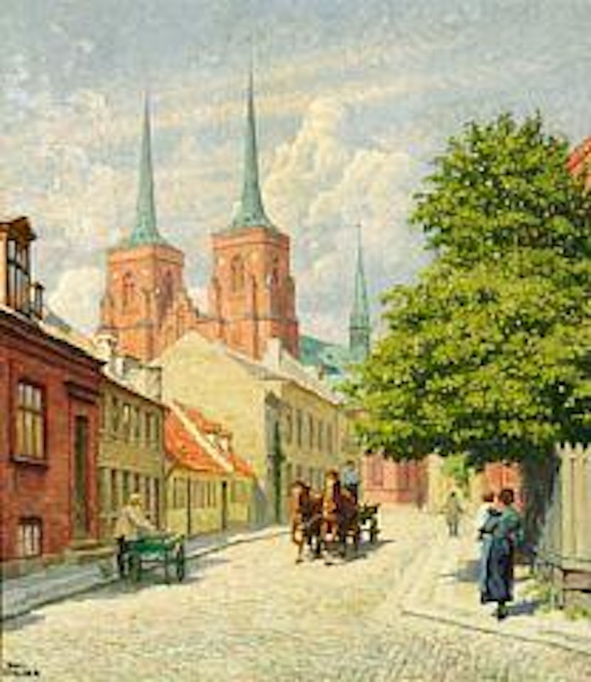 Street scene with a view towards Roskilde Cathedral by Paul Fischer