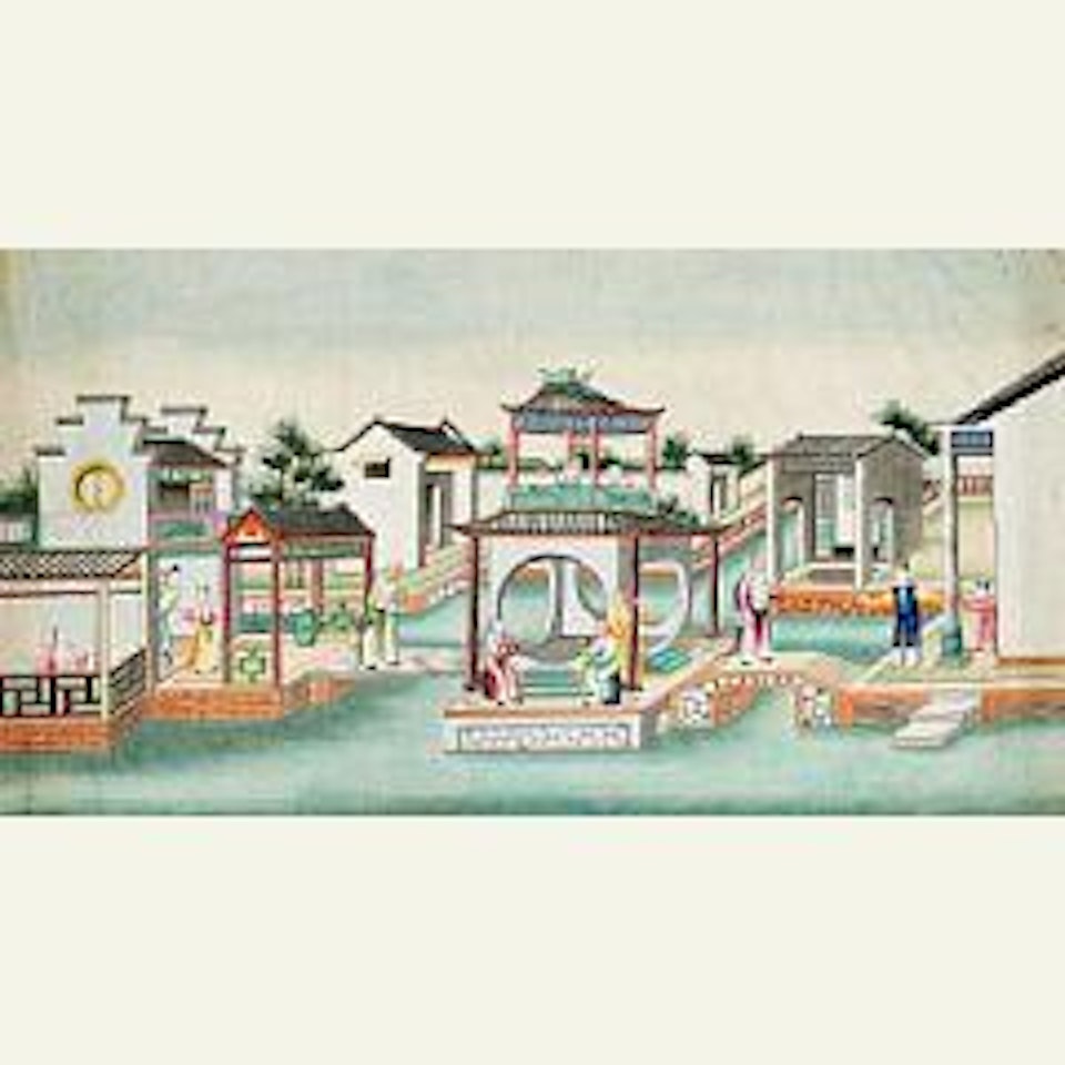 Houses with figures in scenery. Possibly Canton or Shanghai by Chinese School