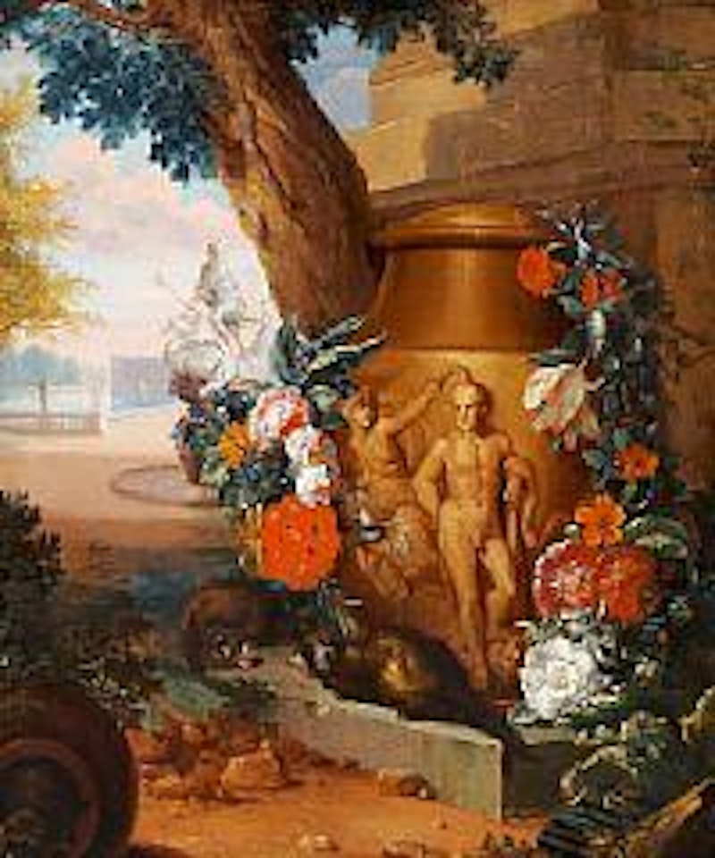 Palace garden.  In the foreground a colossal vase decorated with Fama holding a wreath over the head of Hercules with the lion's skin by Jan Weenix