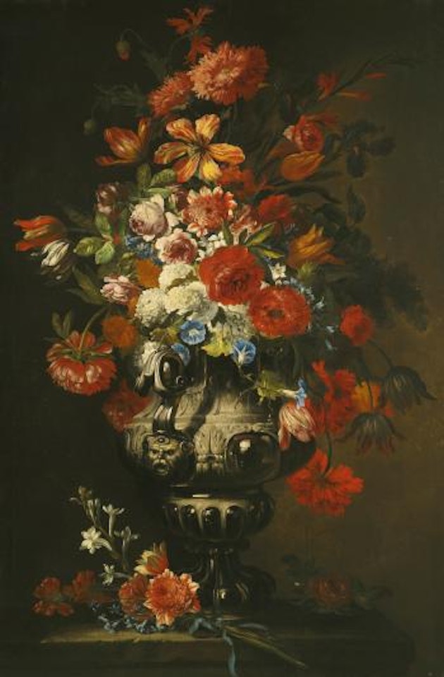A Still Life of Roses, Chrysanthemums and Tulips in an Ornate Silver Vase on a Stone Pedestal by Abraham Brueghel