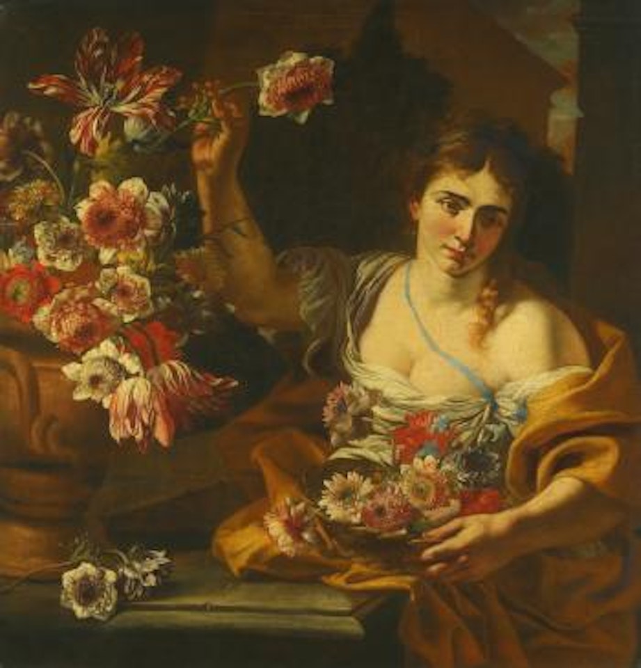 A Young woman arranging Flowers in a Basket, with a floral Still Life in a Terracotta Urn by Abraham Brueghel by Francesco Solimena