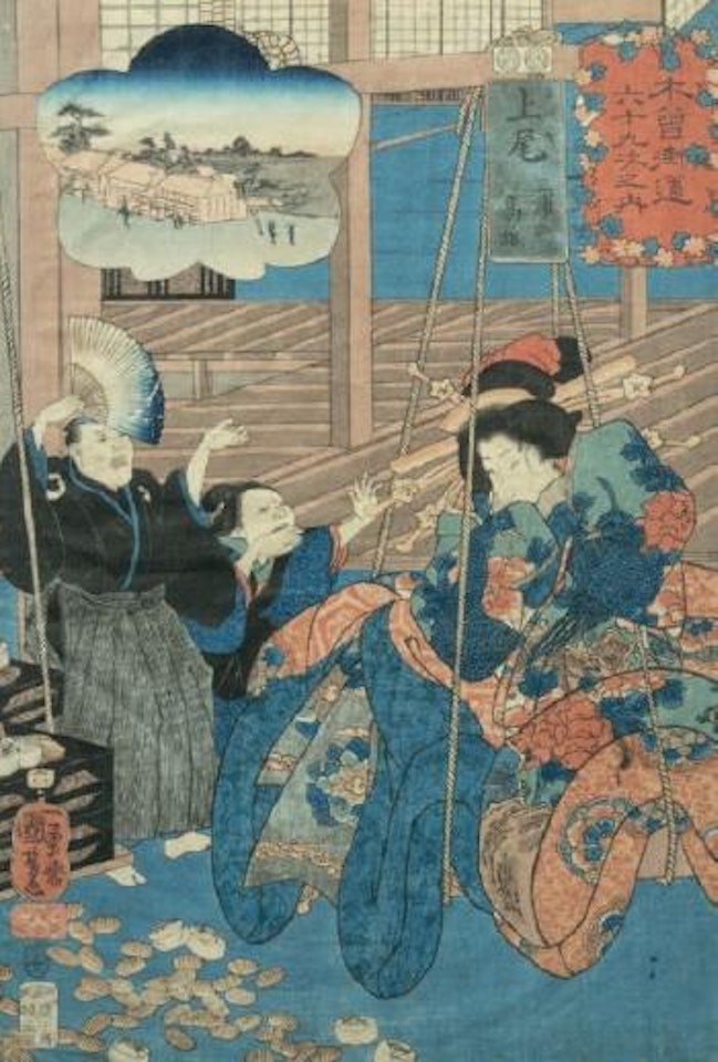 Ageo, l'acteur Bandô Shuka dans le rôle de la courtisane Miura no Takao se faisant peser contre de l'or by Utagawa Kuniyoshi