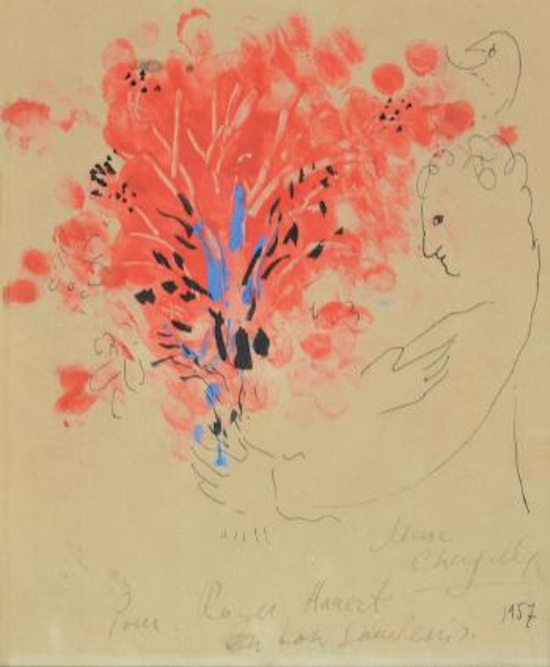 Portrait with red flowers by Marc Chagall