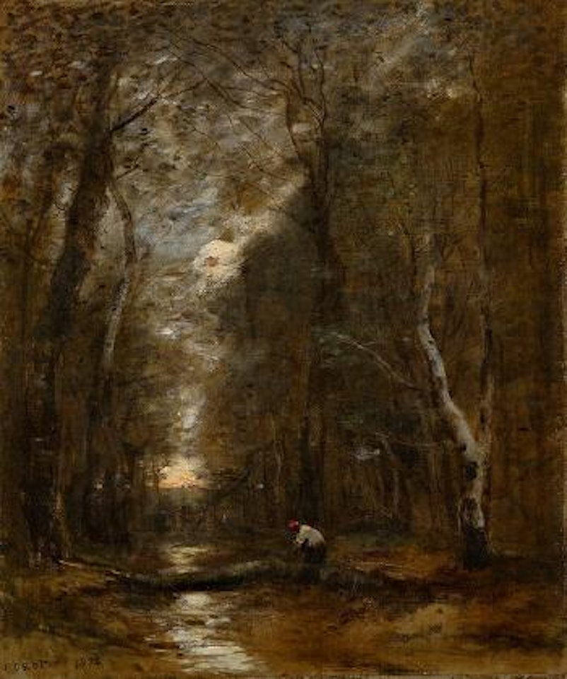 Sous bois - un tronc d'arbre abattu en travers d'un ruisseau by Jean Baptiste Camille Corot