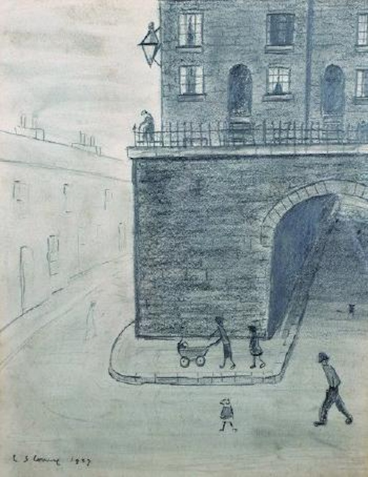 A street scene, with a mother and child pushing a pram, and other figures, a building with an arch beyond by Laurence Stephen Lowry