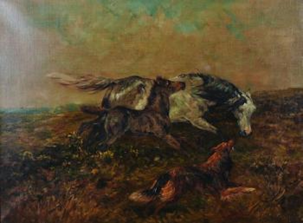 A sketch with a mare and foal, being chased by a dog by John Emms