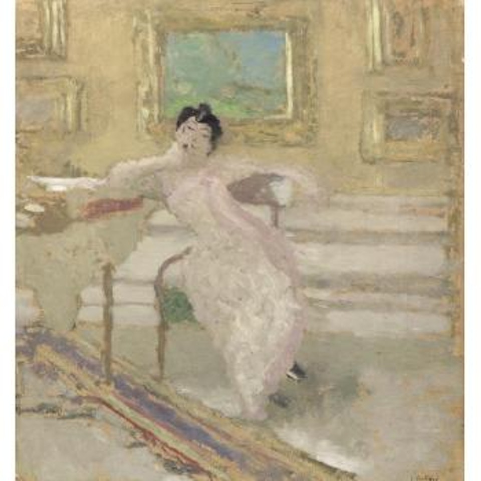 Portrait de Madame Hessel en robe rose accoudée à une table by Édouard Vuillard