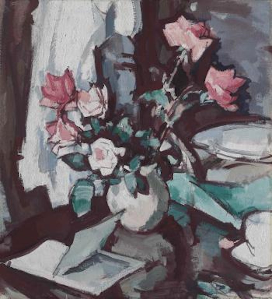 Still-life with pink roses and an open book by Samuel John Peploe