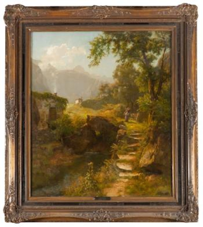 Femme au fagot dans un paysage de montagnes by August Wilhelm Leu