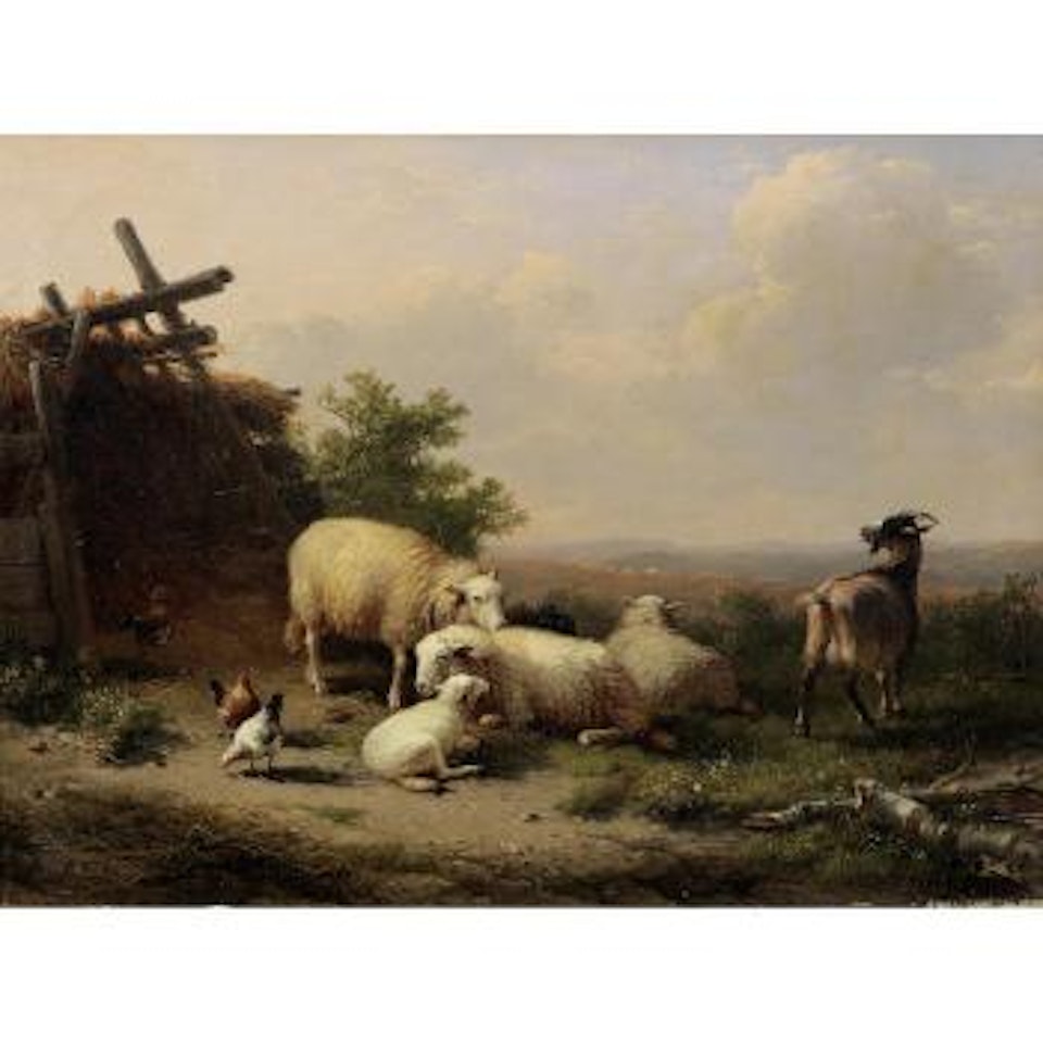 Sheep, goat and poultry by a shelter in a hilly landscape by Eugène Joseph Verboeckhoven