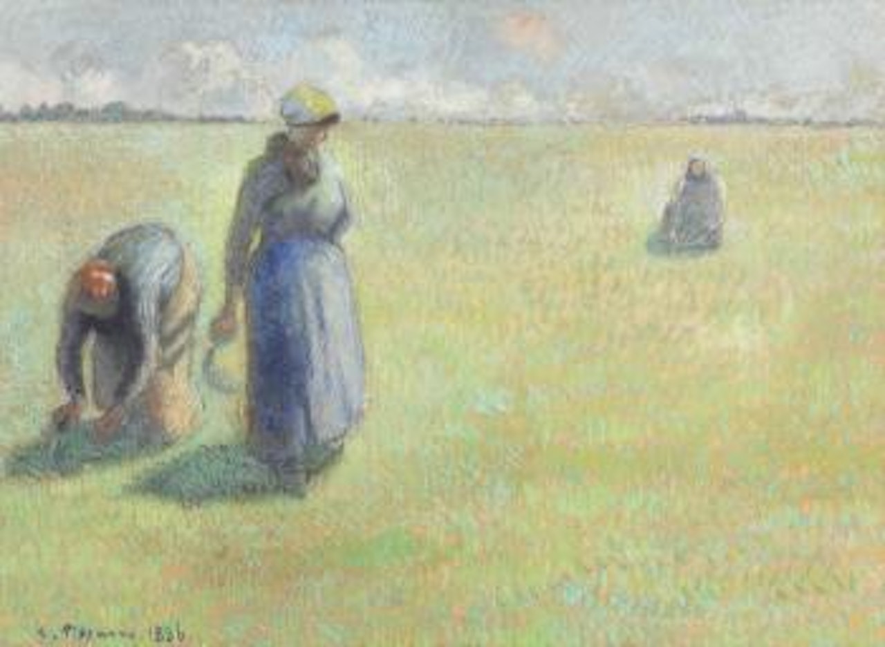Trois femmes cueillant de l'herbe by Camille Pissarro
