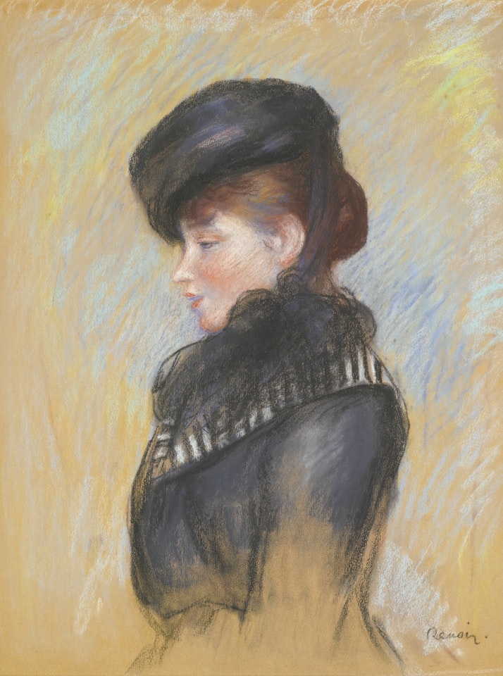 FEMME À LA TOQUE NOIRE OR TÊTE DE JEUNE FEMME OR PORTRAIT DE FEMME EN BUSTE AU CHAPEAU NOIR by Pierre-Auguste Renoir