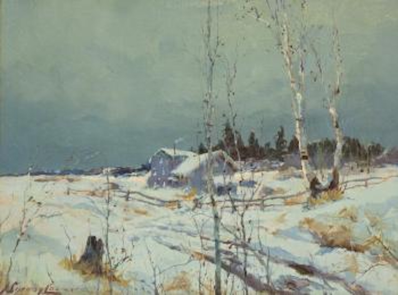 Winter landscape with snow covered cabin and rutted road by Sydney Mortimer Laurence