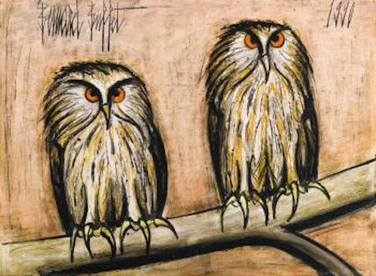 Deux Chouettes, Fond Rose by Bernard Buffet